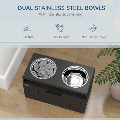 PawHut Raised Dog Bowl with Slow Feeder & 2 Stainless Steel Dog Bowl, 25L Storage Drawer, for Large & Extra Large Dogs, Black 