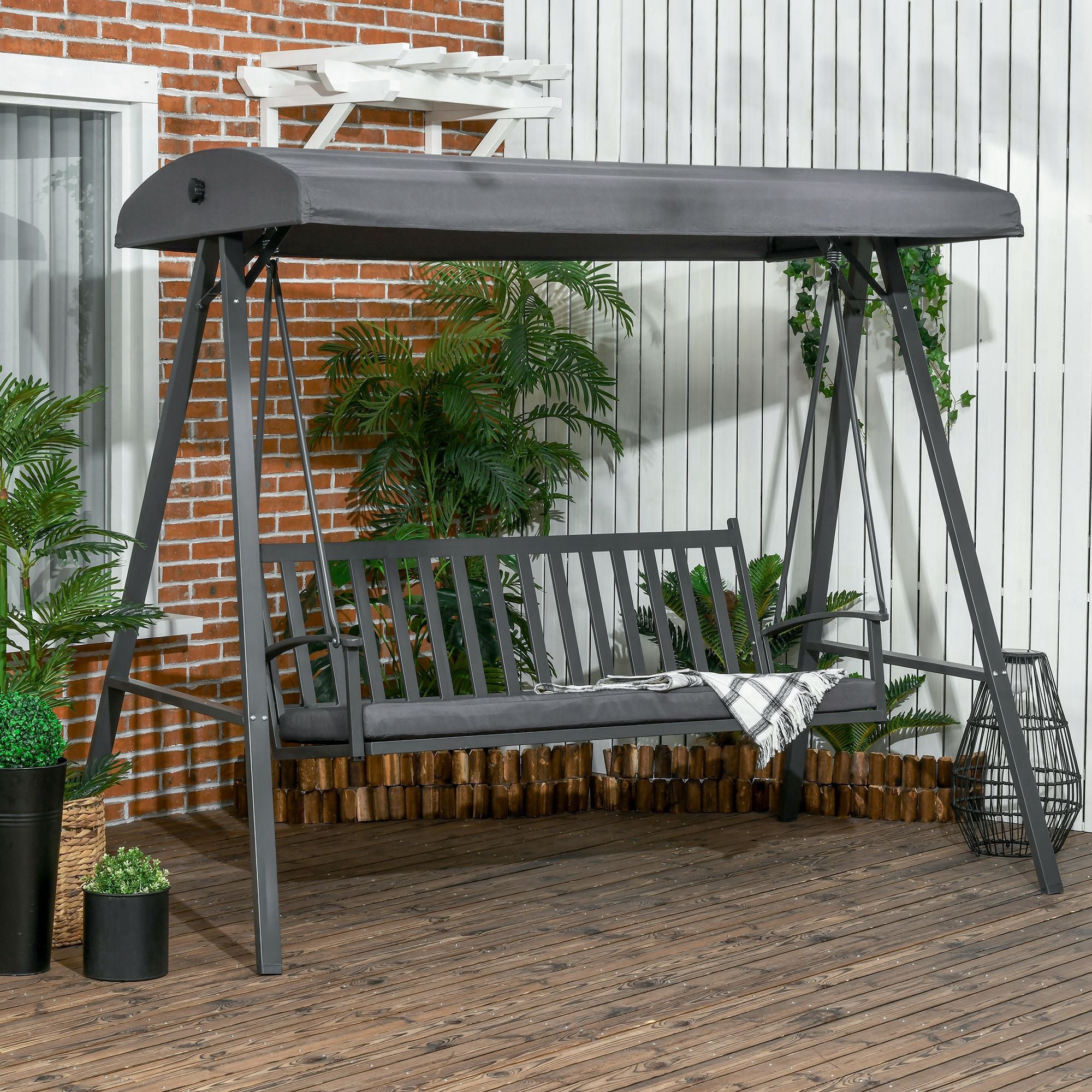 Outsunny 3-Seat Garden Swing Chair, Outdoor Canopy Swing with Removable Cushion, Adjustable Shade, and Slatted Bench, for Porch, Poolside, Backyard, Dark Grey 