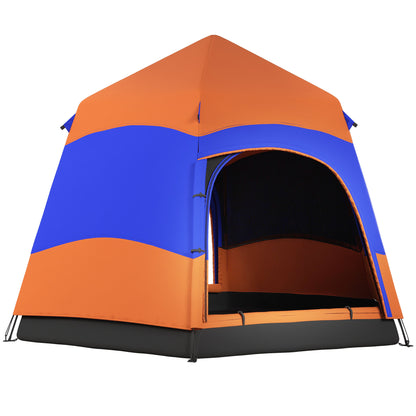Outsunny Six Man Hexagon Camping Tent with Hang Hook and Carry Bag - Orange and Blue 