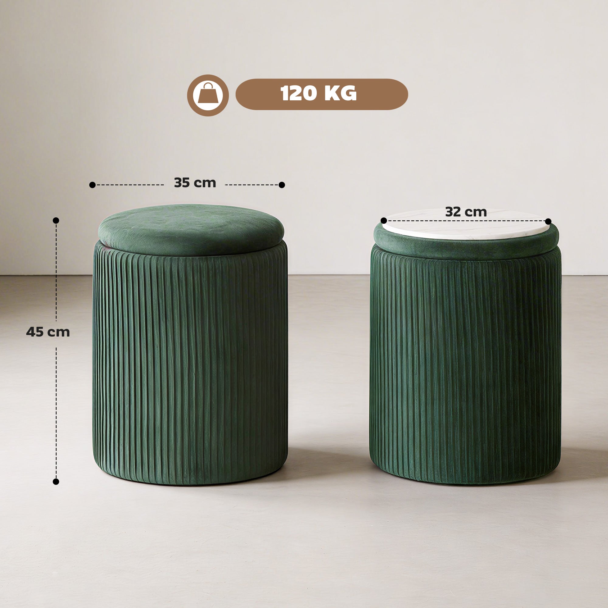 HOMCOM Storage Ottoman Modern Velvet Round Foot Stool for Living Room Bedroom 45 cm Dark Green 