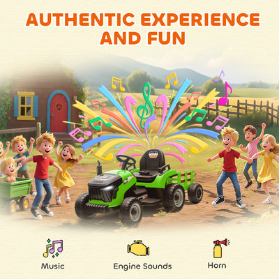 AIYAPLAY 12V Ride on Tractor and Trailer with Remote Control, Music, Shifter, Start-Up Sound, for Kids Ages 3-8 Years, Green 