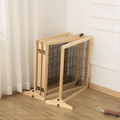 PawHut Wooden Pet Gate, Freestanding Dog Safety Barrier with Two Support Feet - Natural Tone 