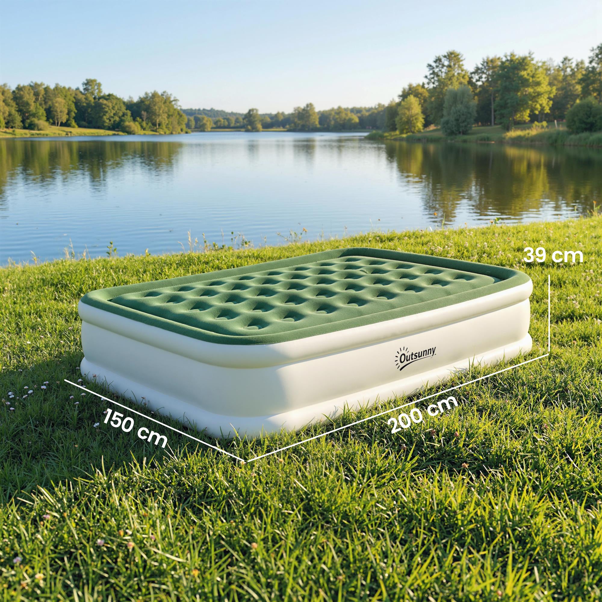 Outsunny Inflatable Mattress, Double Air Bed with Built-in Electric Pump, 3 Mins Inflation, Flocked Surface, Dark Green 