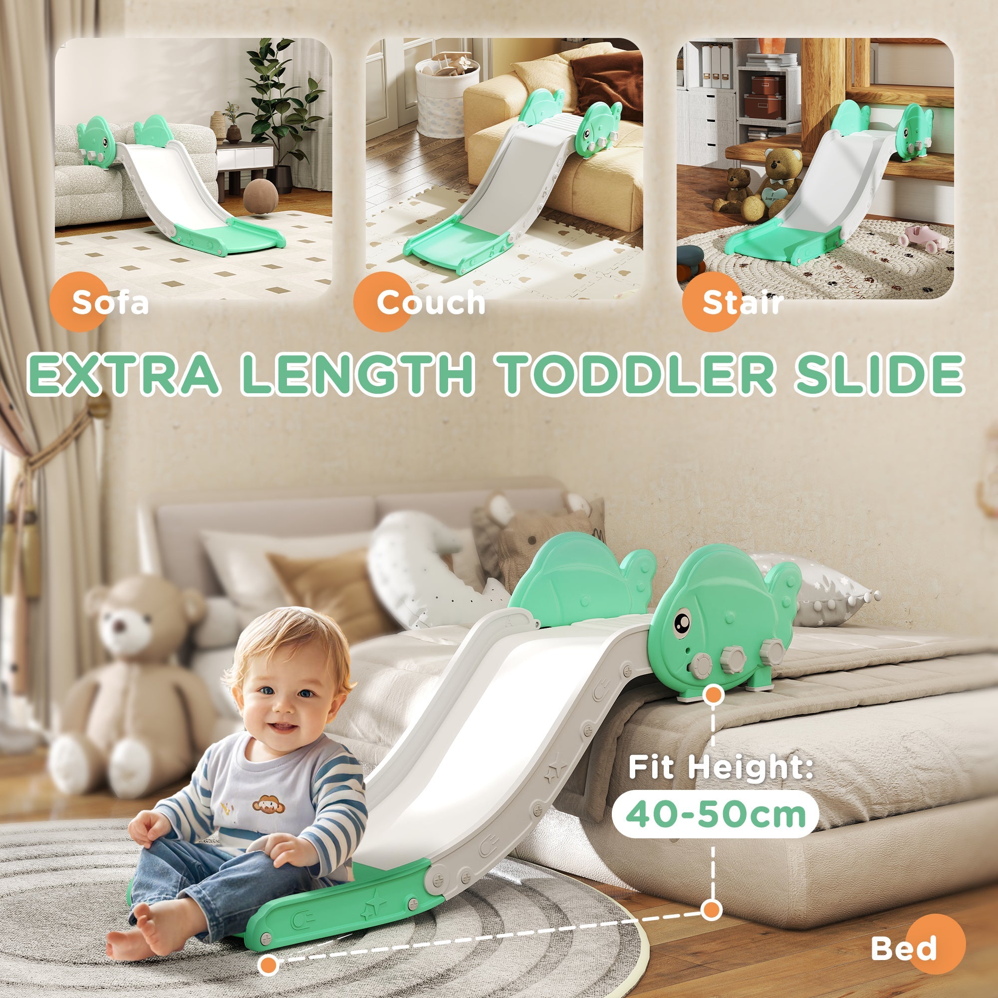 AIYAPLAY Kids Sofa Slide with 130cm Extended Length, HDPE Toddler Slide for Sofa, Bed, Stairs, Easy Assemble & Storage, Green 