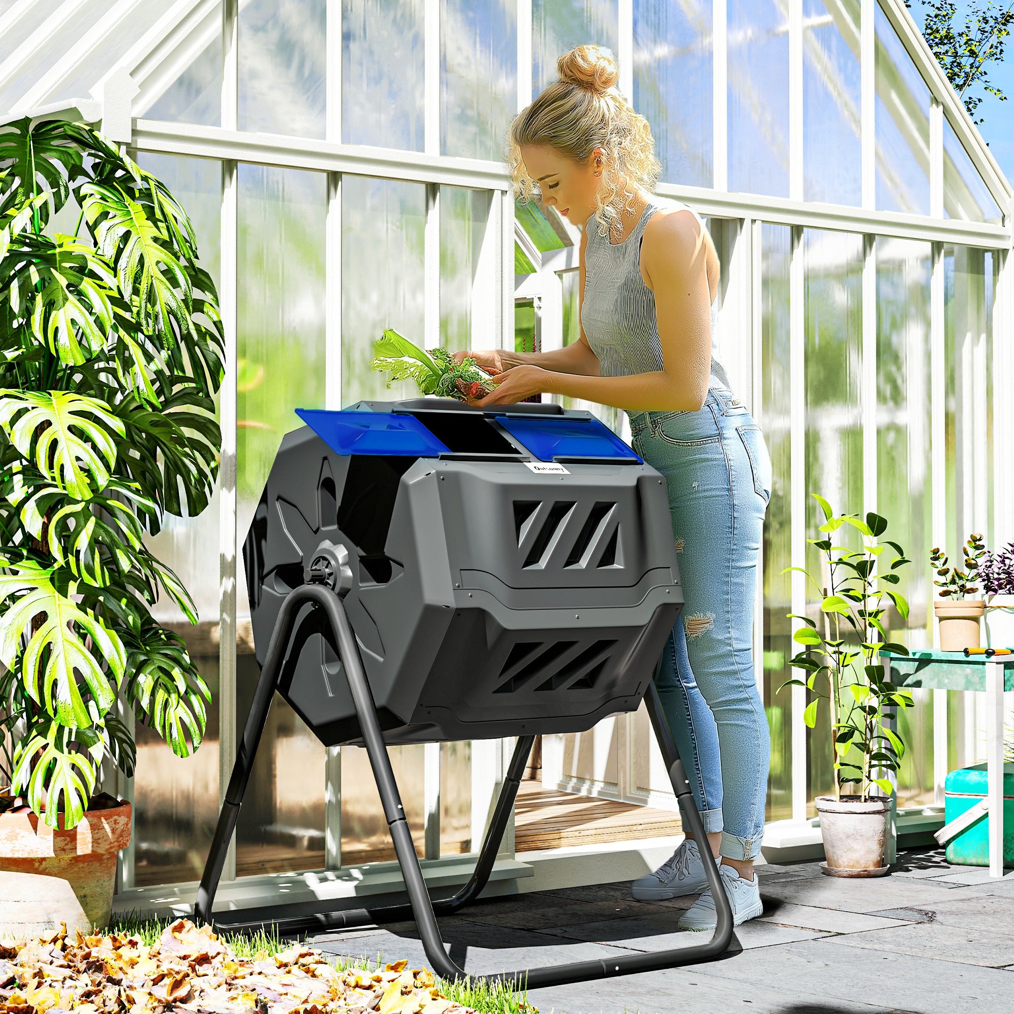 Outsunny 160L 360\'c2\'b0 Rotating Dual Chamber Composter - Blue