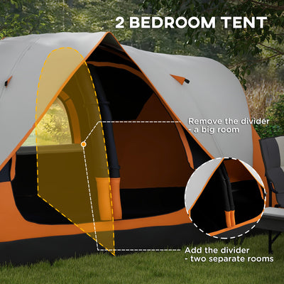 Outsunny Six-Man Tent, with Two Rooms, Small Rainfly and Accessories - Orange 
