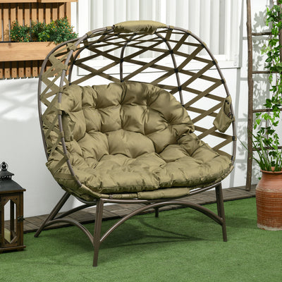 Outsunny 2 Seater Egg Chair Outdoor, Folding Weave Garden Furniture Chair with Cushion, Cup Pockets - Khaki 