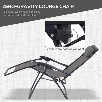 Outsunny 3pcs Folding Zero Gravity Chairs Sun Lounger Table Set w/ Cup Holders Reclining Garden Yard Pool, Dark Grey 