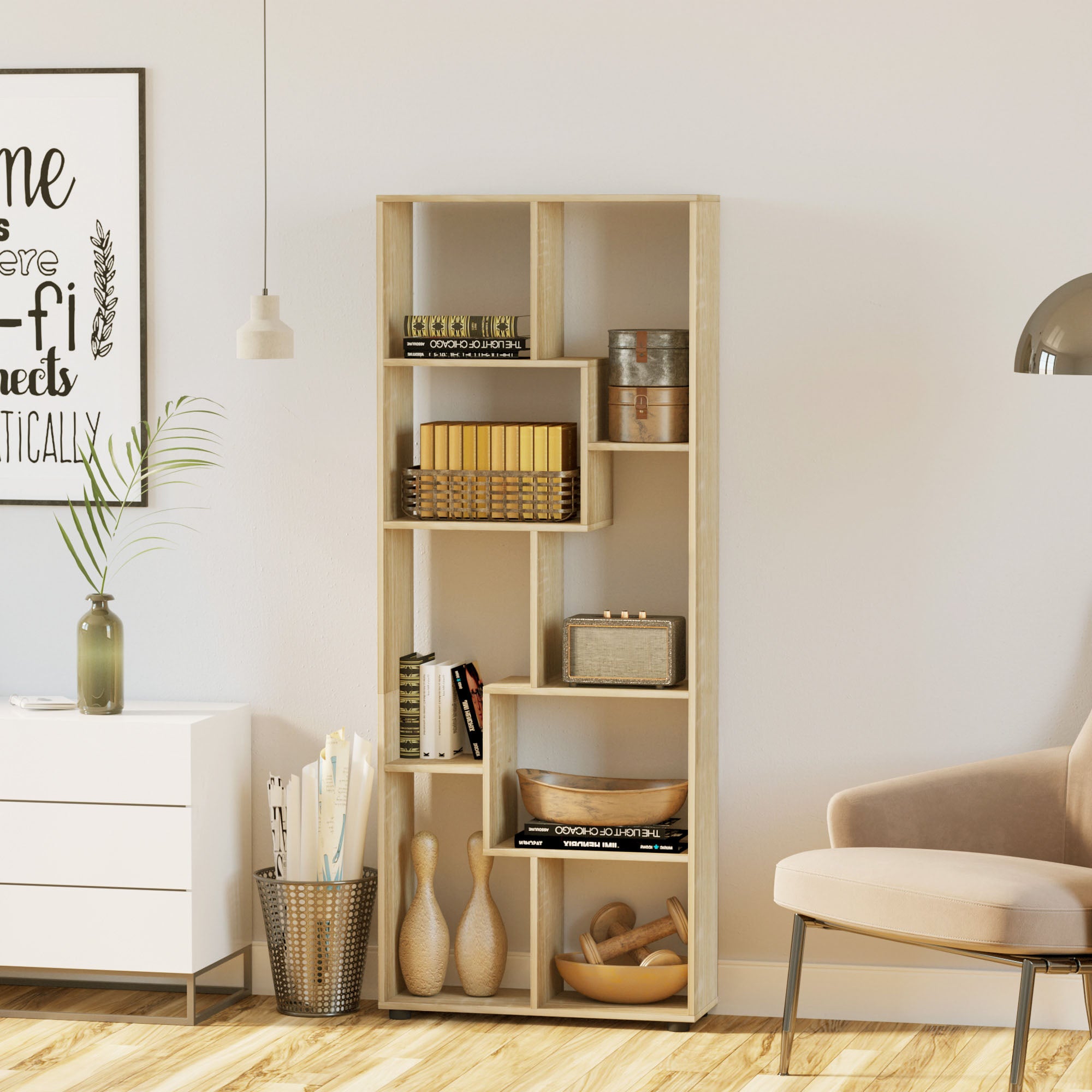 HOMCOM 8-Tier Freestanding Bookcase w/ Melamine Surface Anti-Tipping Foot Pads Home Display Storage Grid Stand Bedroom Living Room Furniture Modern Style - Natural 