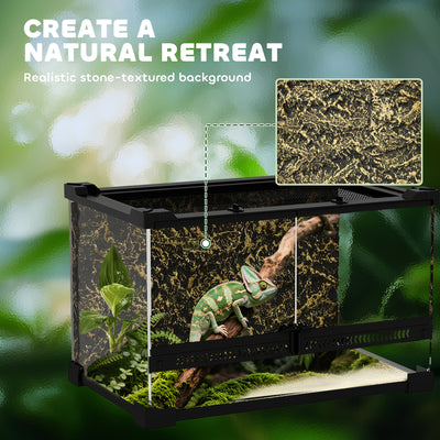PawHut Reptile Glass Terrarium with Stone Background, Front Ventilation, Escape-Proof Knob Lock, 30 x 20 x 20 cm, Black 