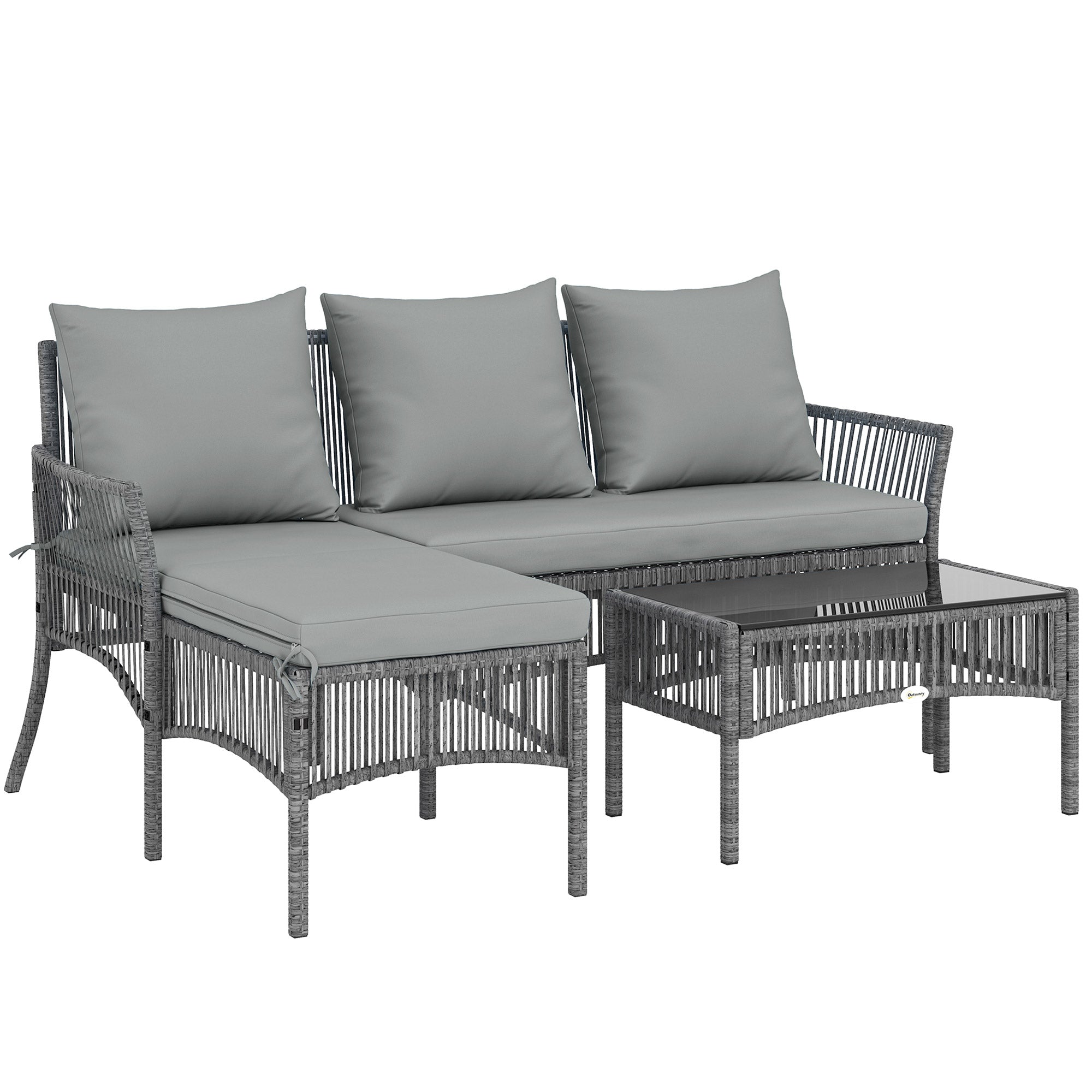Outsunny 3 Piece Rattan Garden Furniture Corner Sofa Set with Chaise Lounge, Loveseat, Glass Coffee Table, Cushions, Dark Grey 