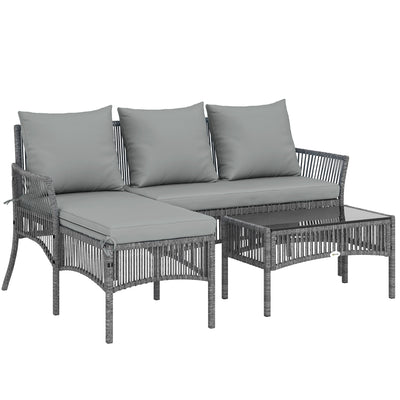 Outsunny 3 Piece Rattan Garden Furniture Corner Sofa Set with Chaise Lounge, Loveseat, Glass Coffee Table, Cushions, Dark Grey 