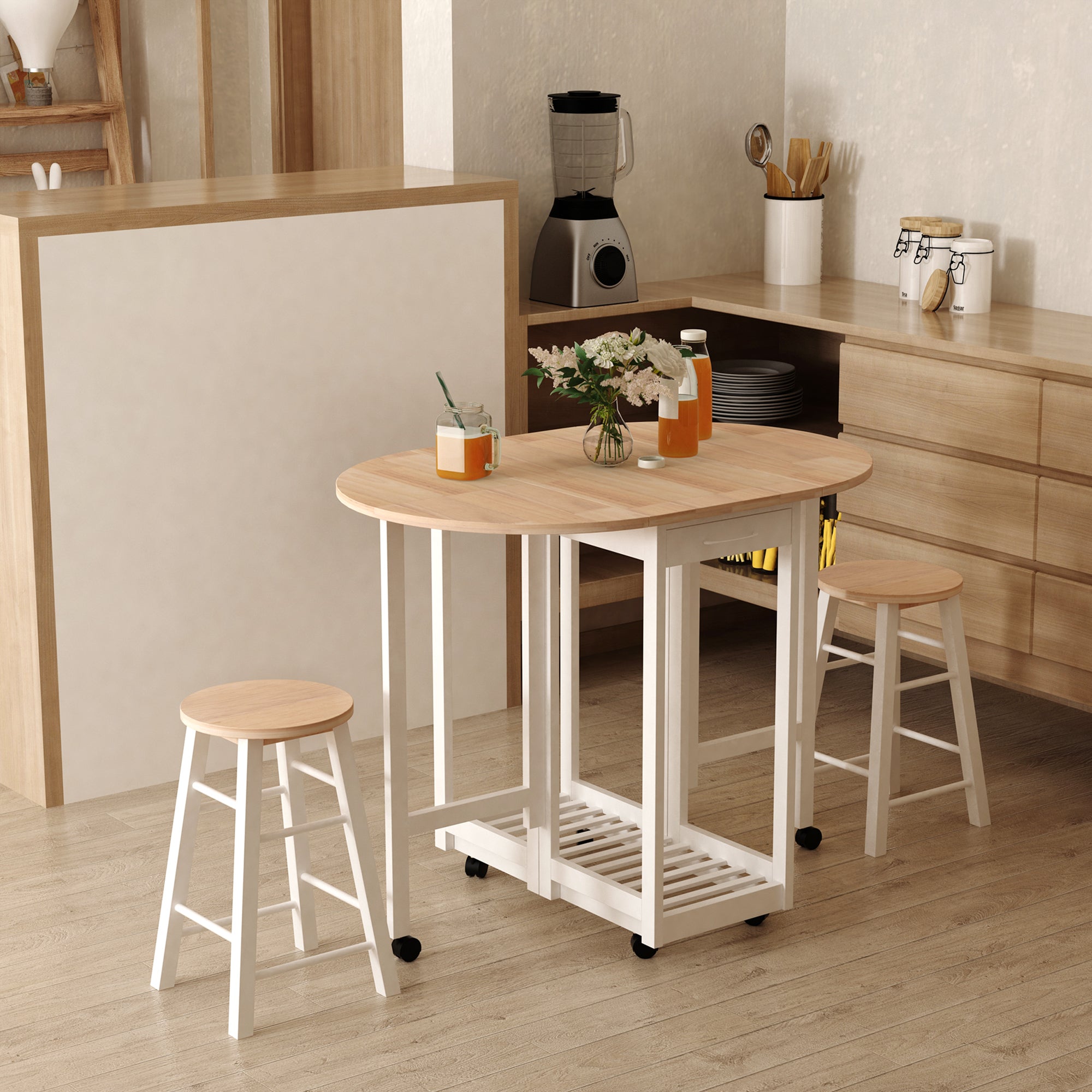 HOMCOM 3PC Wooden Kitchen Cart Mobile Rolling Trolley Folding Bar Table Two Stools Dining Chair Storage Shelf w/2 Drawers & 6 Wheels 