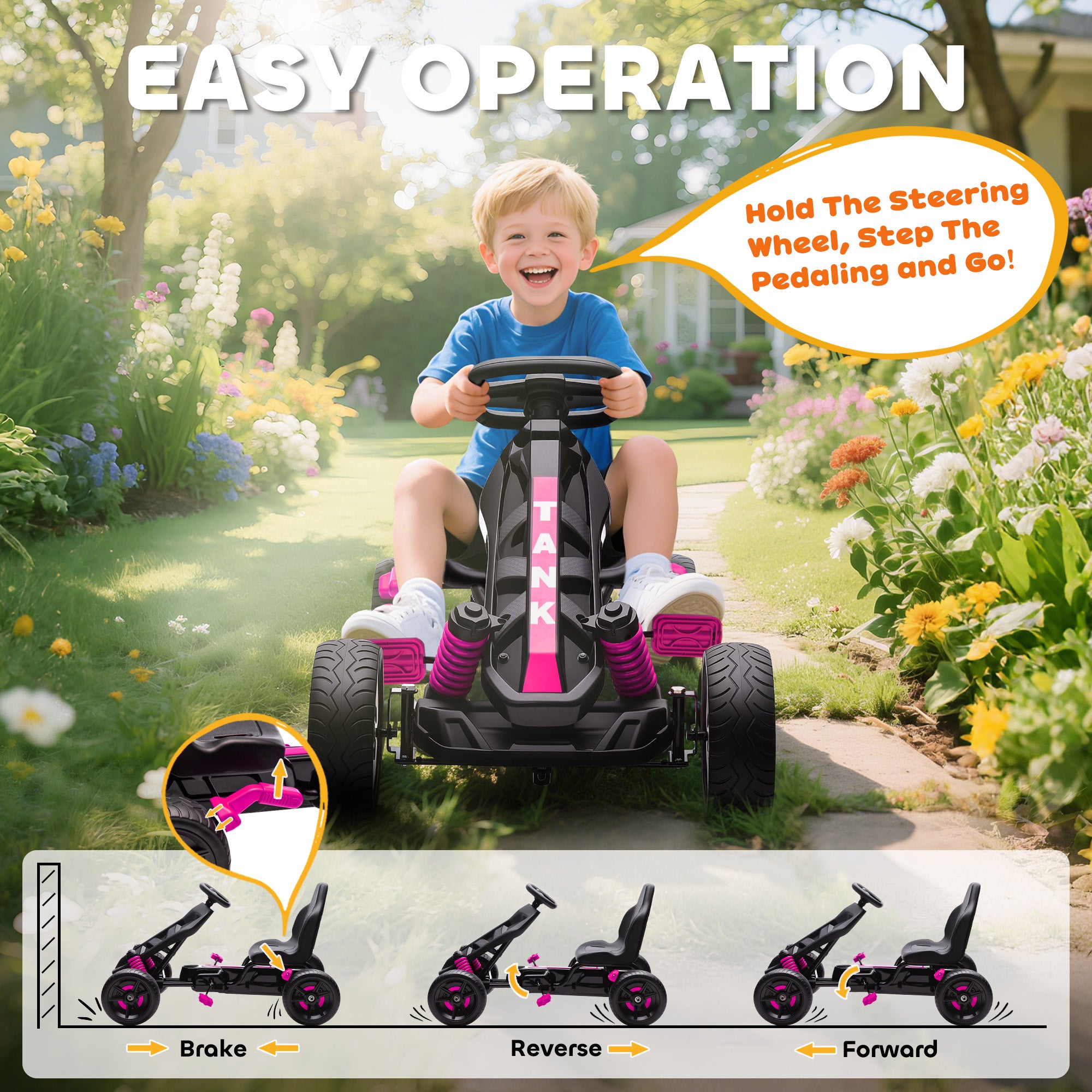 AIYAPLAY Pedal Go Kart for Kids Aged 3-6 Years, with Freewheel System, Brake, EVA Anti-Slip Wheels, Pink