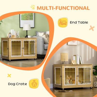PawHut Dog Crate Furniture, Dog Cage End Table. with Soft Cushion, Double Door - Oak Tone 