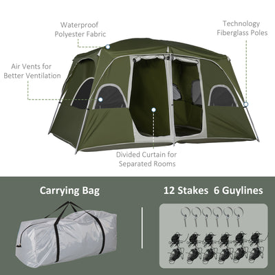 Outsunny Camping Tent, Family Tent 4-8 Person 2 Room, with Large Mesh Windows, Easy Set Up for Backpacking Hiking Outdoor, Green 