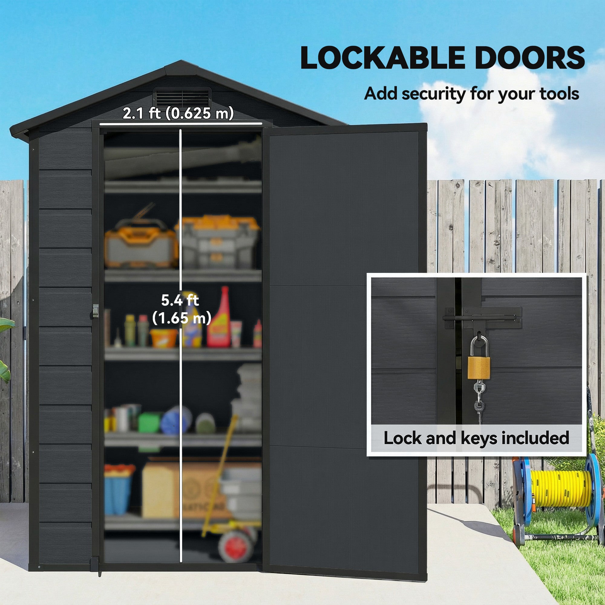 Outsunny 4 x 3 ft Plastic Garden Shed with Floor, Outdoor Storage Shed with Lockable Door, Window and Vent, Dark Grey 