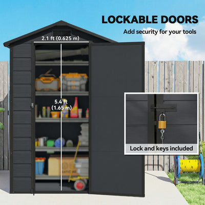 Outsunny 4 x 3 ft Plastic Garden Shed with Floor, Outdoor Storage Shed with Lockable Door, Window and Vent, Dark Grey 