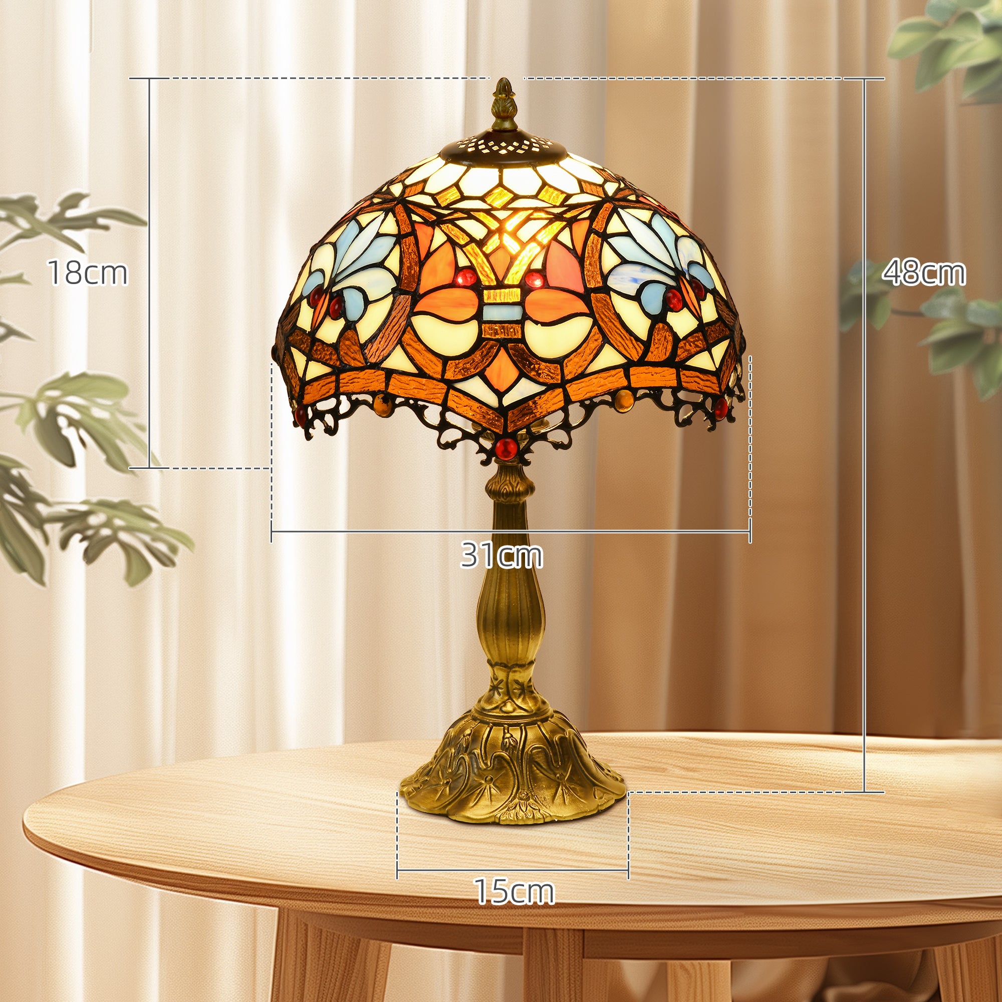 HOMCOM Stained Glass Table Lamp, Handcrafted Artisan Collectible, Suitable for Living Room and Bedside, Multi-Coloured, \'d0\'a431 x 48Hcm, Zinc Alloy. 