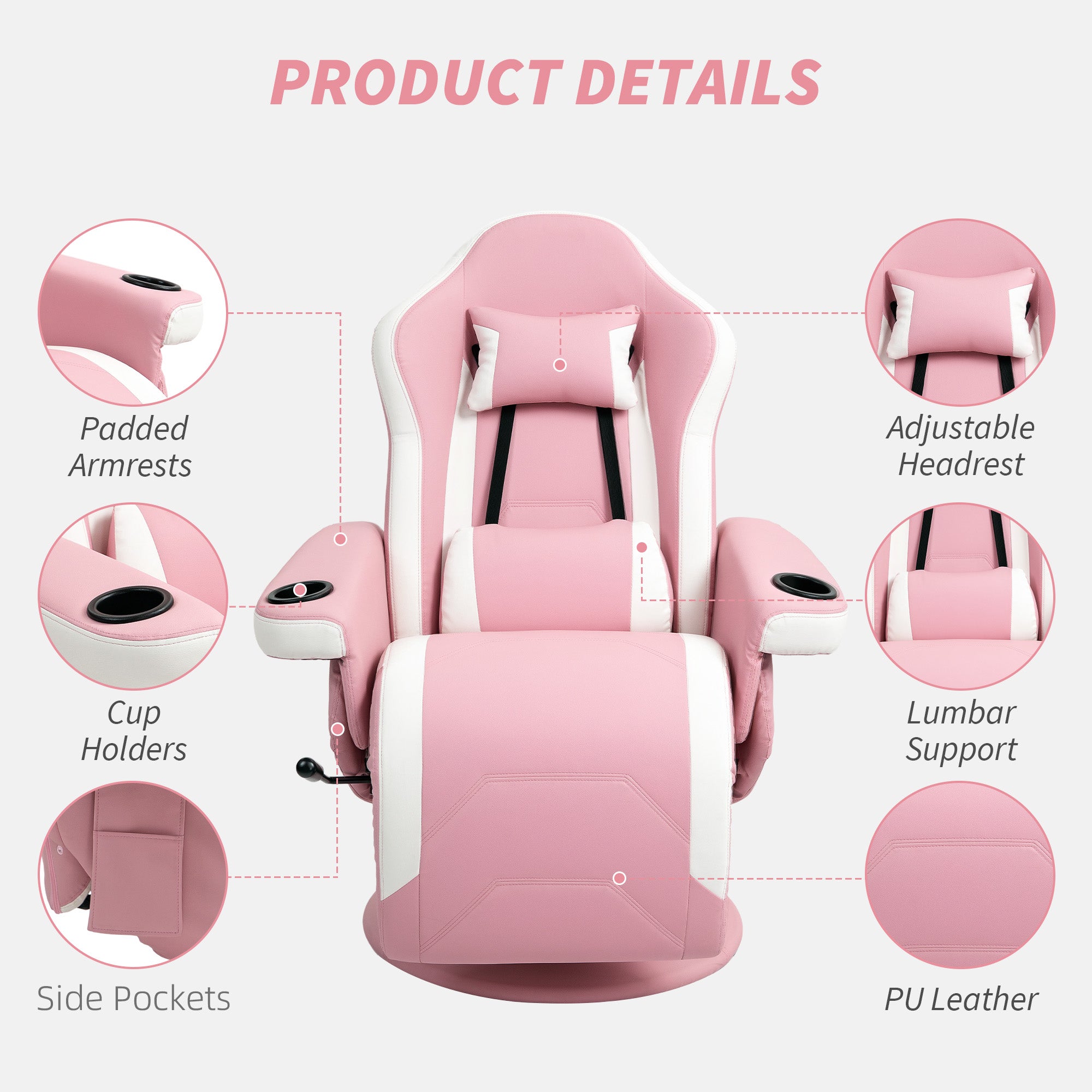 HOMCOM Manual Recliner Armchair PU Leather Lounge Chair w Adjustable Leg Rest, 135\'c2\'b0 Reclining Function, 360\'c2\'b0 Swivel, Pink