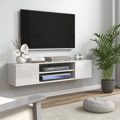 HOMCOM Floating TV Stand Cabinet for TVs up to 60", Wall Mounted TV Unit with Open Shelf, Storage Cupboards and Cable Management for Living Room, White 