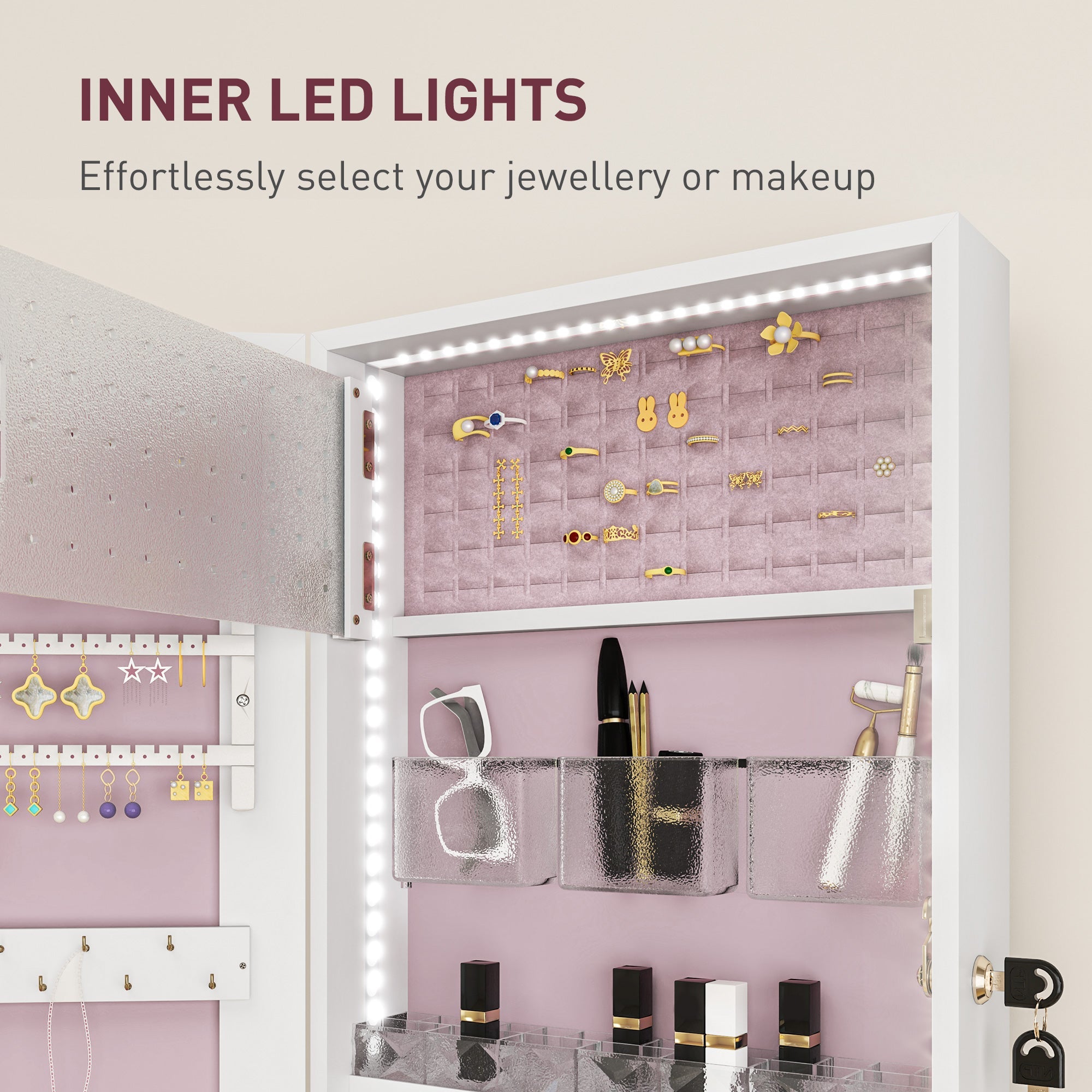 HOMCOM 108 x 37cm Lockable Jewellery Cabinet, with LED Lights - White Surface and Pink Lining 