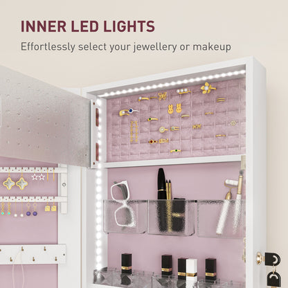 HOMCOM 108 x 37cm Lockable Jewellery Cabinet, with LED Lights - White Surface and Pink Lining 