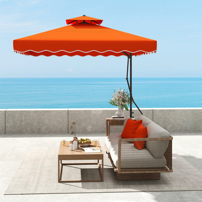 Outsunny 2.5m Cantilever Parasol with Easy Lever, Square Double Top Garden Parasol Umbrella with Ruffles and Cross Base, Overhanging Outdoor Sun Shades, Orange 
