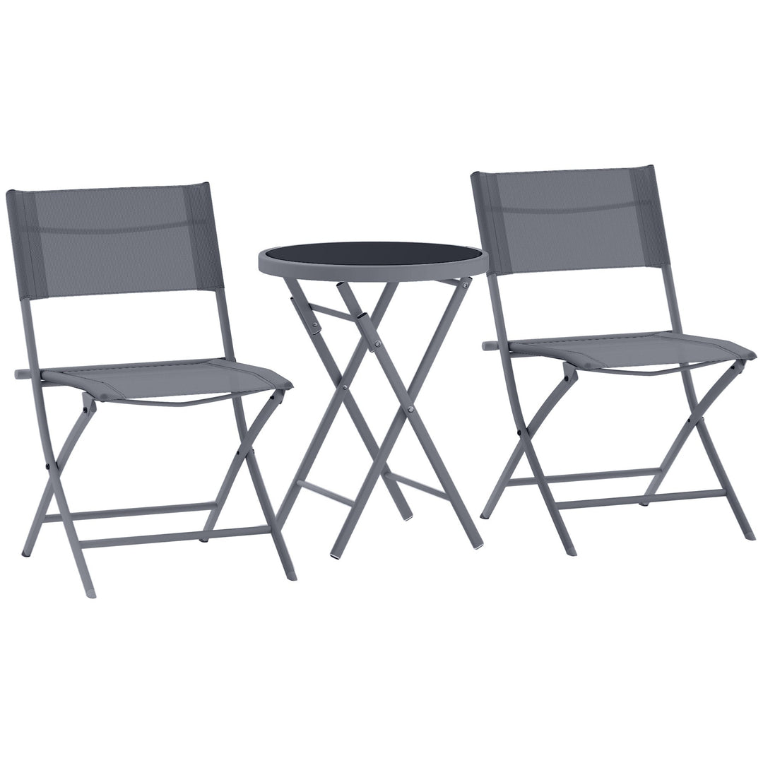 Outsunny 3 Pieces Outdoor Bistro Set, Glass Top Outdoor Table and 2 Folding Chairs with Protecting Feet, Grey 