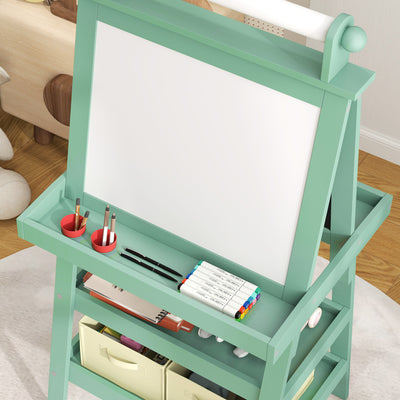 AIYAPLAY 3 in 1 Kids Easel Double-Sided Magnetic Whiteboard and Chalkboard with Paper Roll, Storage Baskets - Green 