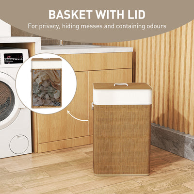 HOMCOM Bamboo Laundry Basket with Lid, 72L Laundry Hamper with Rope Handles, Washing Basket with Removable Washable Liner Bag for Bathroom, Bedroom, Brown 