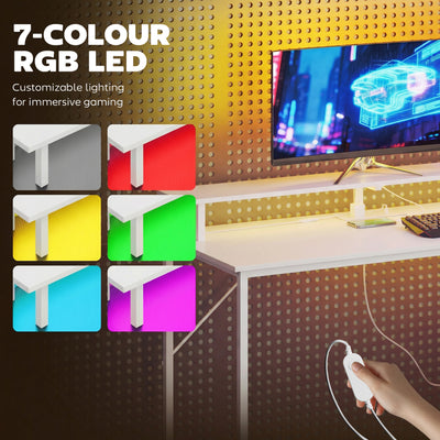 HOMCOM 147cm Gaming Desk with Charging Station and Monitor Stand, Computer Table for Home Office with RGB Lights, White 