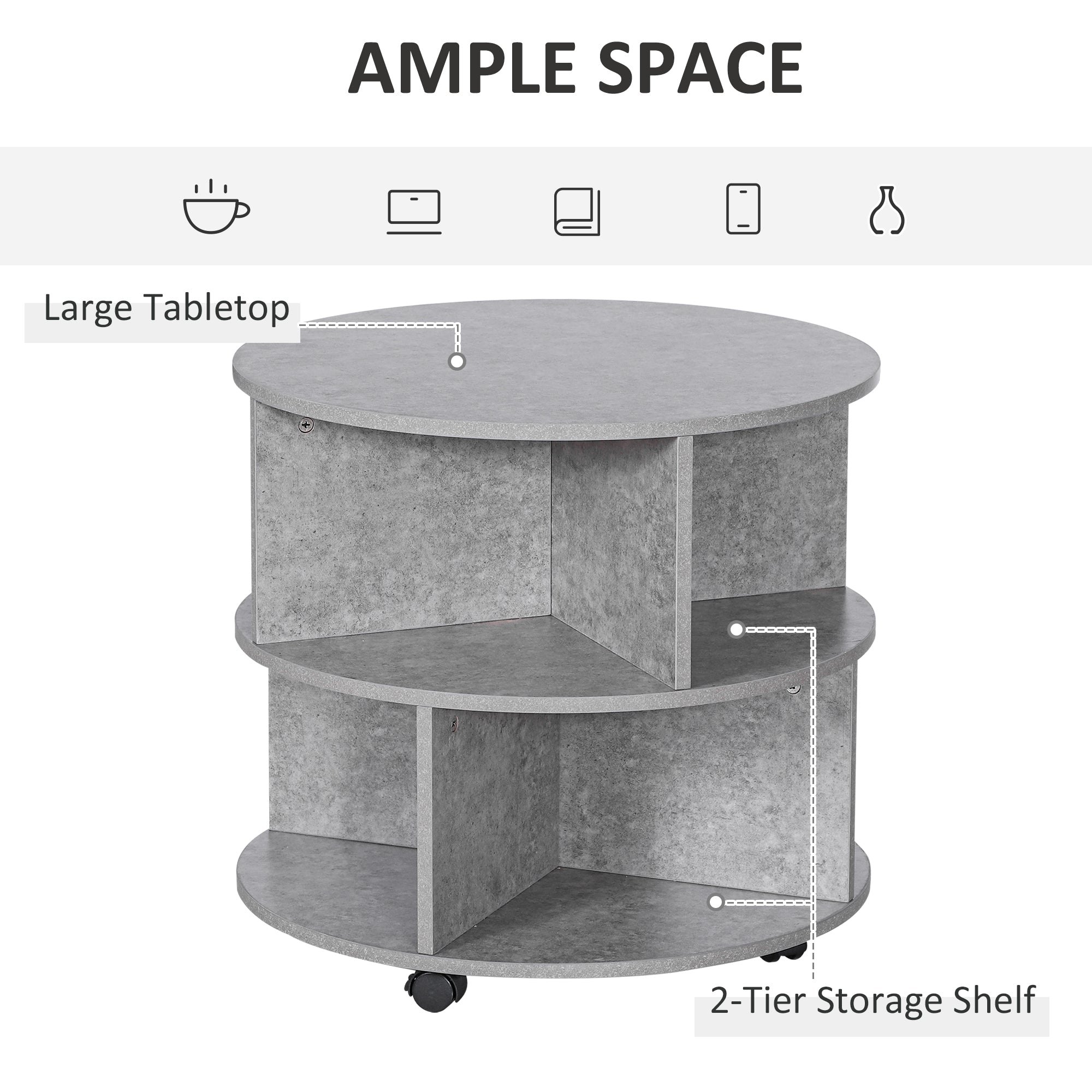 HOMCOM Round Coffee Table with Wheels, 3-Tier Rolling Side Table for Living Room with Divided Shelves, Cement Colour 