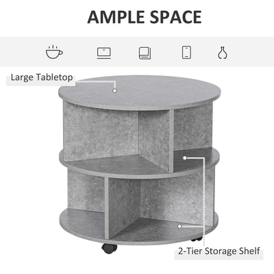 HOMCOM Round Coffee Table with Wheels, 3-Tier Rolling Side Table for Living Room with Divided Shelves, Cement Colour 