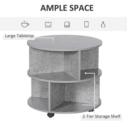 HOMCOM Round Coffee Table with Wheels, 3-Tier Rolling Side Table for Living Room with Divided Shelves, Cement Colour 