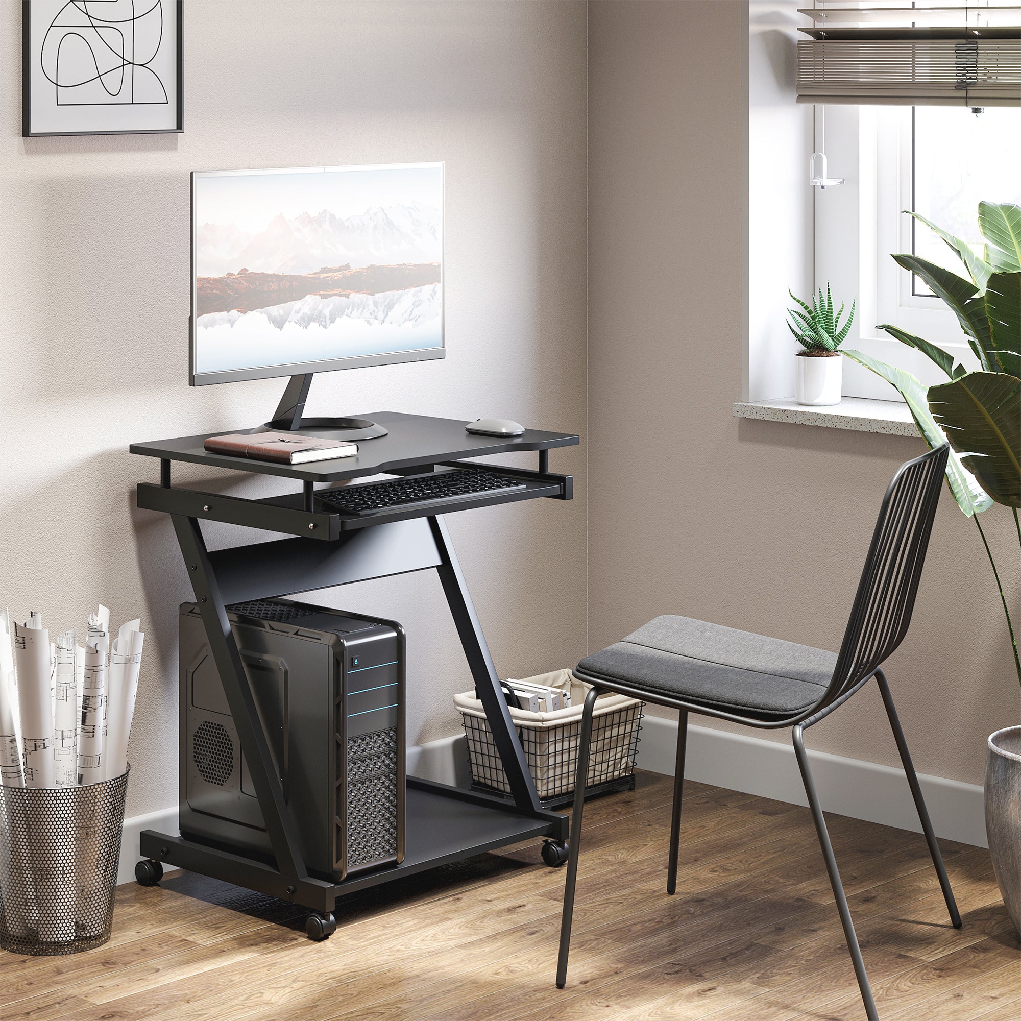 HOMCOM Movable Computer Desk with 4 Moving Wheels Sliding Keyboard Tray Home Office Workstation Black 
