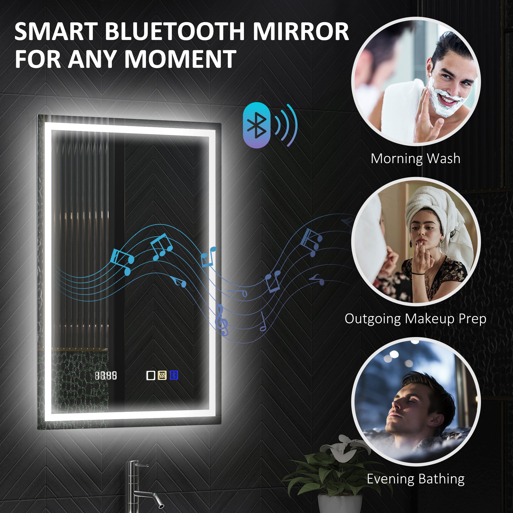 HOMCOM 50 x 70 cm Anti-Fog LED Bathroom Mirror, with Bluetooth and Clock - Silver Tone