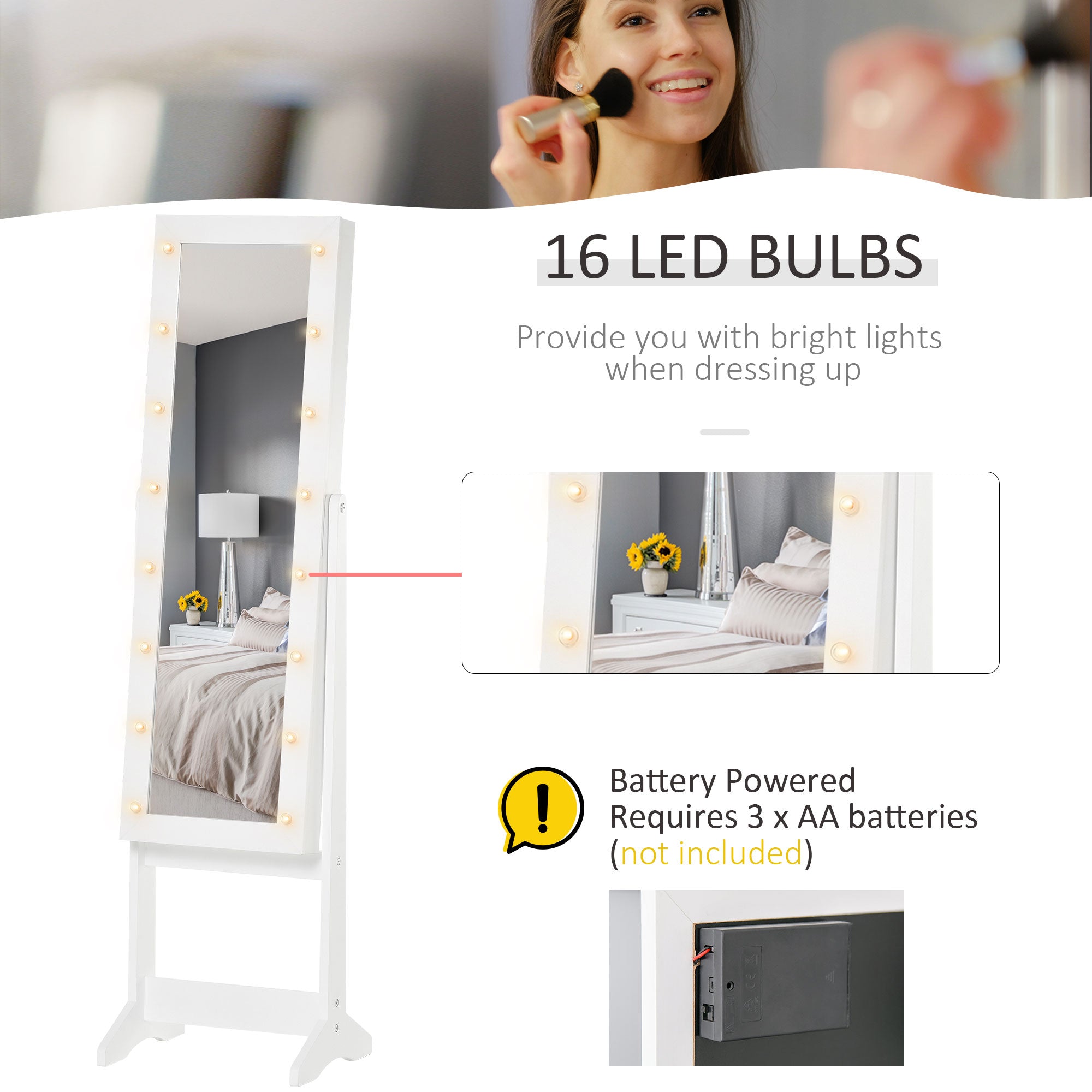 HOMCOM Free Standing LED Mirrored Jewelry Cabinet Armoire Floor Organiser W/ 3 Angle Adjustable For Rings Earrings Bracelets Cosmetics Warm White 