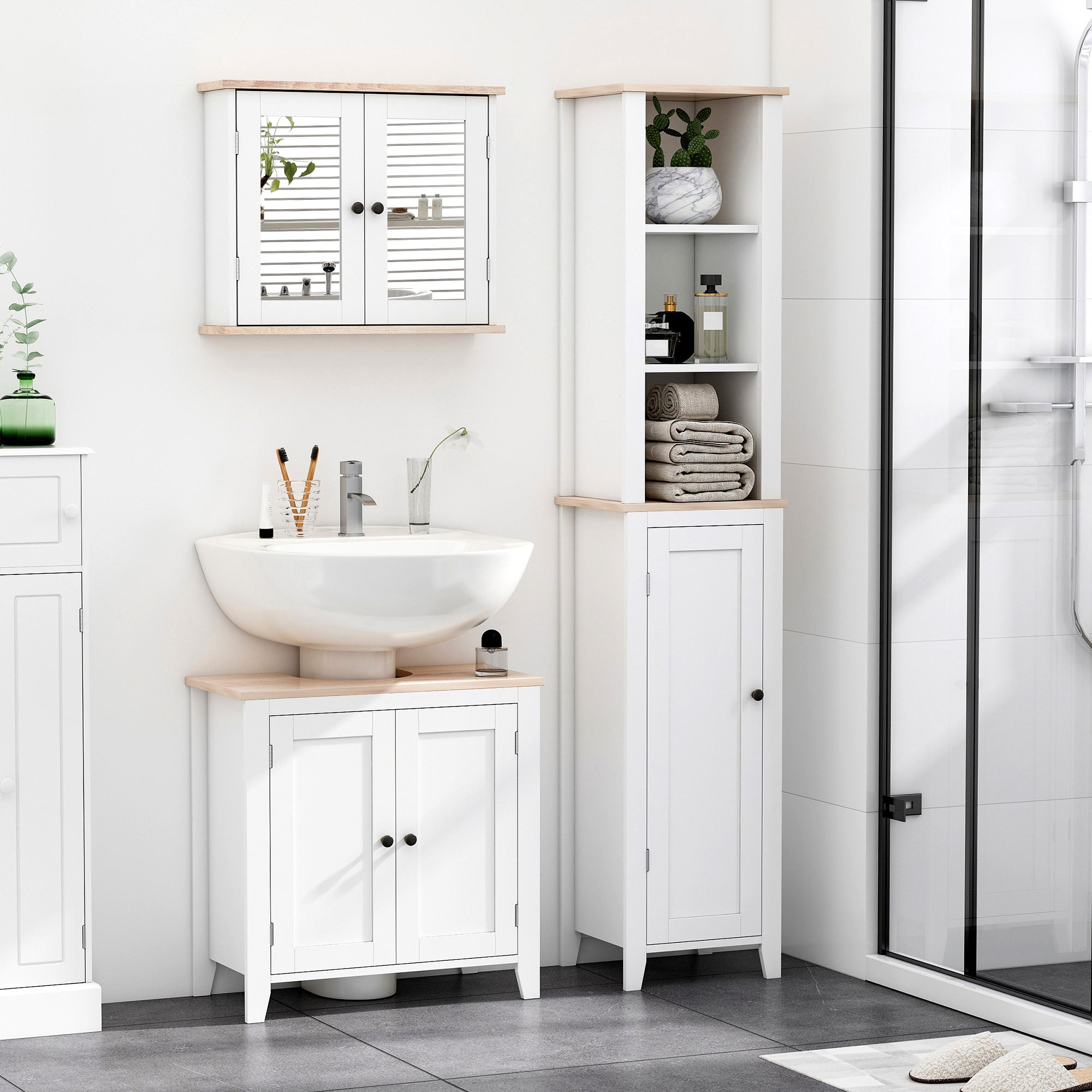 kleankin Bathroom Furniture Set, Mirror Cabinet Wall Mounted with Adjustable Shelf, Bathroom Sink Cabinet with Storage, White and Wood Grain 