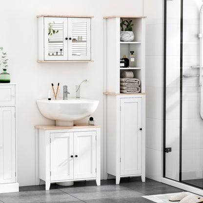 kleankin Bathroom Furniture Set, Mirror Cabinet Wall Mounted with Adjustable Shelf, Bathroom Sink Cabinet with Storage, White and Wood Grain 