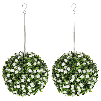 HOMCOM Set of 2 Decorative Artificial Plants, UV-protected Artificial Plant Topiary Rose Balls, Fake Plants for Home Indoor outdoor Decor, 28cm, White 