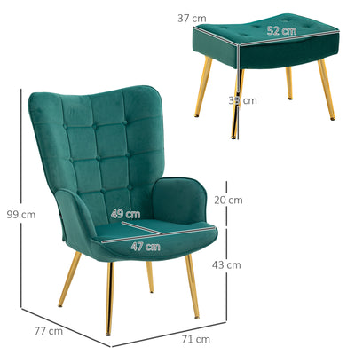 HOMCOM Modern Armchair with Footstool, Upholstered Accent Chair with Ottoman, Steel Legs, Velvet Wingback Chair for Living Room, Bedroom, Home Study, Dark Green 