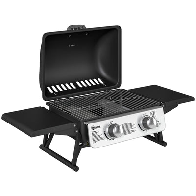 Outsunny 2 Burner Gas BBQ Grill with Foldable Side Tables, Portable Tabletop Gas Barbecue Grill with Built-in Thermometer, Lid, Grease Tray for Garden Party Camping Picnic Outdoor Cooking 5.6KW, Black 