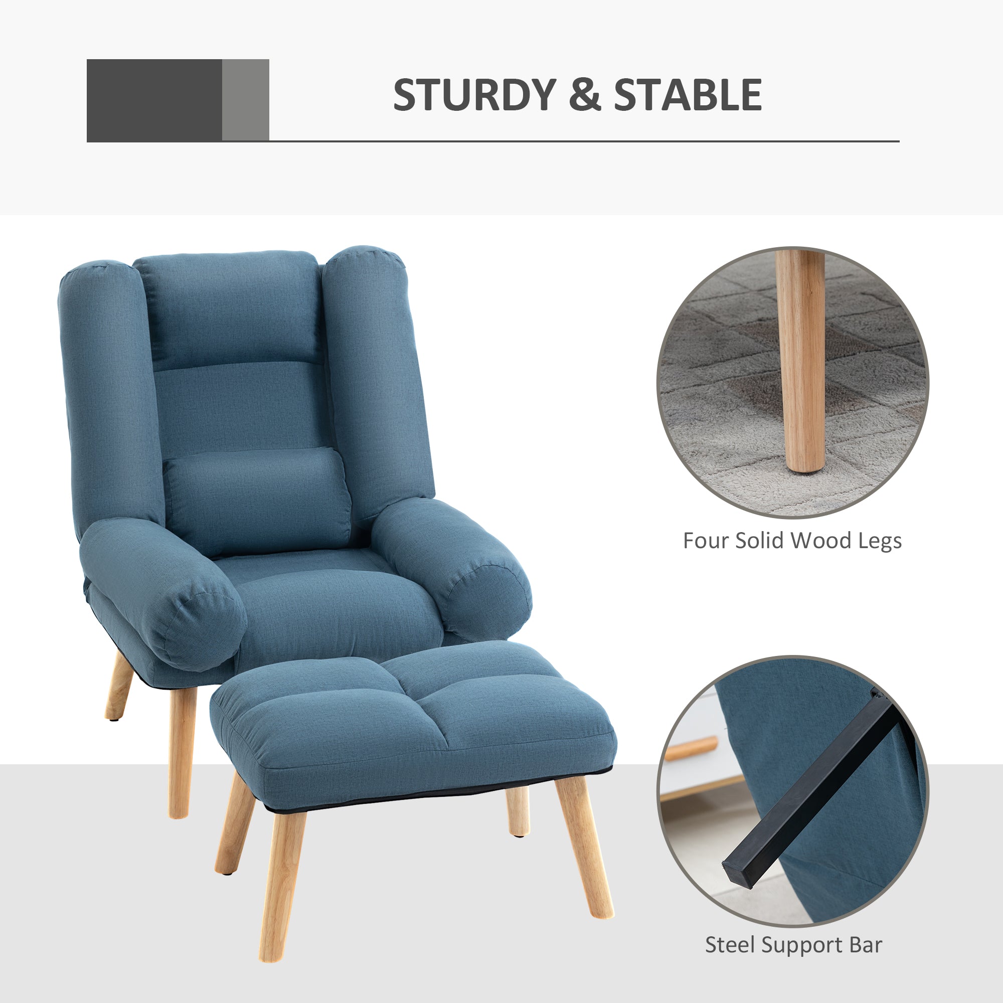 HOMCOM Armchair with Footstool, 180\'c2\'b0 Recliner with Ottoman, Accent Chair and Footstool with 3-Position Adjustable Backrest and Wooden Legs for Living Room, Blue