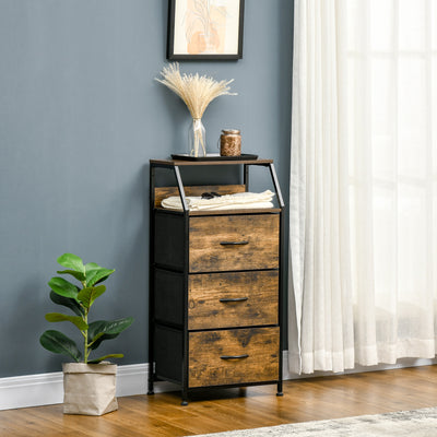 HOMCOM Industrial Storage Cabinet, Fabric Chest of Drawers with Display Shelves, 3 Drawers Storage Unit for Living Room, Rustic Brown 