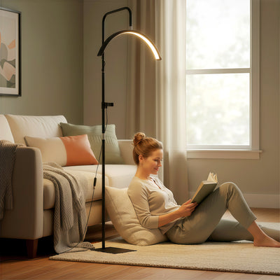 HOMCOM Half Moon Lash Light, Beauty Floor Lamp with 350° Rotatable Head, 7 Colour Temperature and Phone Holder, Dimmable Standing Lamp for Eyelash Extension, Tattoo, Nails, Skincare, Black 