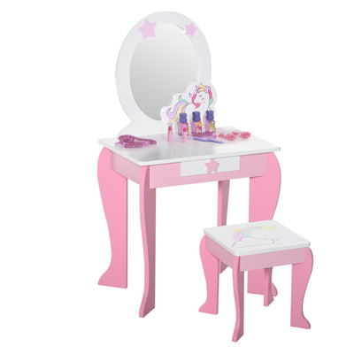 HOMCOM Kids Dressing Table with Mirror, Stool, Pink 