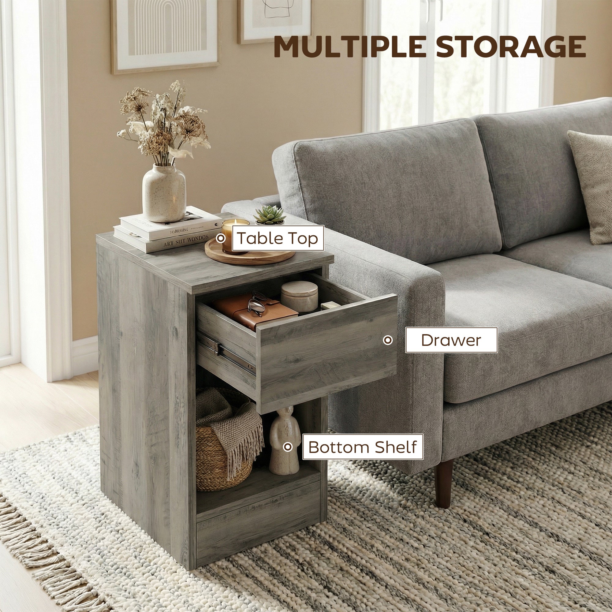 HOMCOM Set of Two Modern Storage Bedside Tables - Grey 