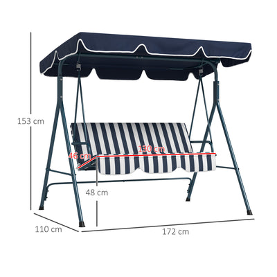 Outsunny Three-Seater Garden Swing Chair, with Adjustable Canopy - Blue Stripe 
