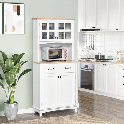 HOMCOM Freestanding Kitchen Cupboard, Kitchen Storage Cabinet with Framed Glass Doors, 2 Drawers, Microwave Counter, White 